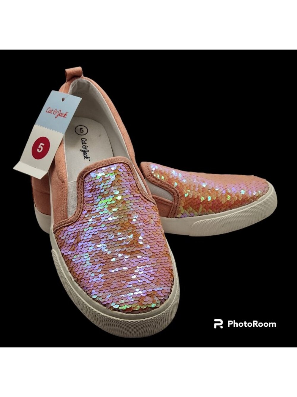 Cat And Jack Aliki Size 5 Flip Sequins Slip On Sneakers Mermaid Coral NWT